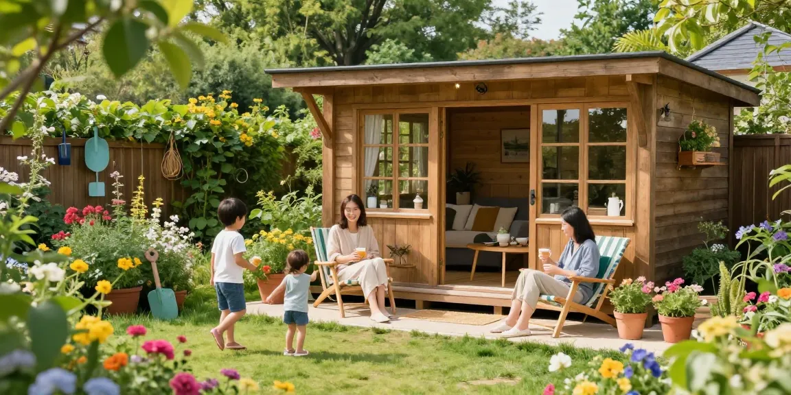Ein Gartenhaus umgeben von bunten Blumen, Familienaktivitäten im Freien mit entspannten Erwachsenen und spielenden Kindern.