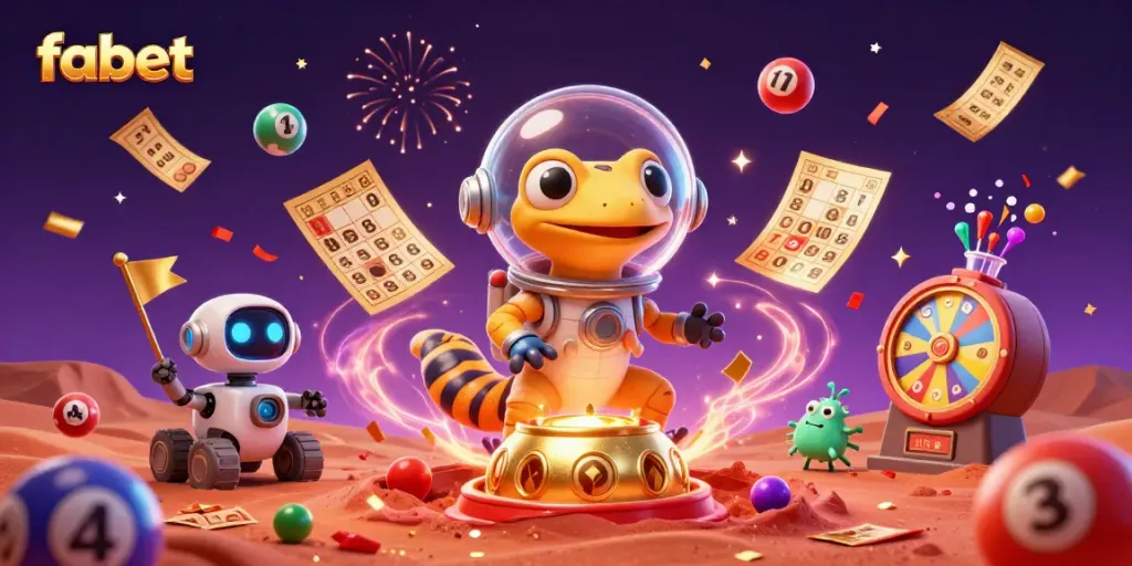 Engage in fabet gaming fun with a Martian gecko discovering a golden casino, vibrant lottery elements surround him.