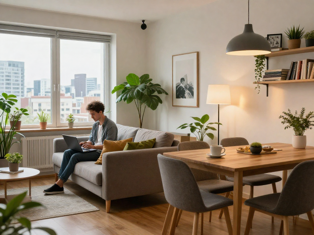 Moderne Einrichtung einer Monteurwohnung Hannover mit gemütlichem Wohnbereich, Schreibtisch und Stadtblick.