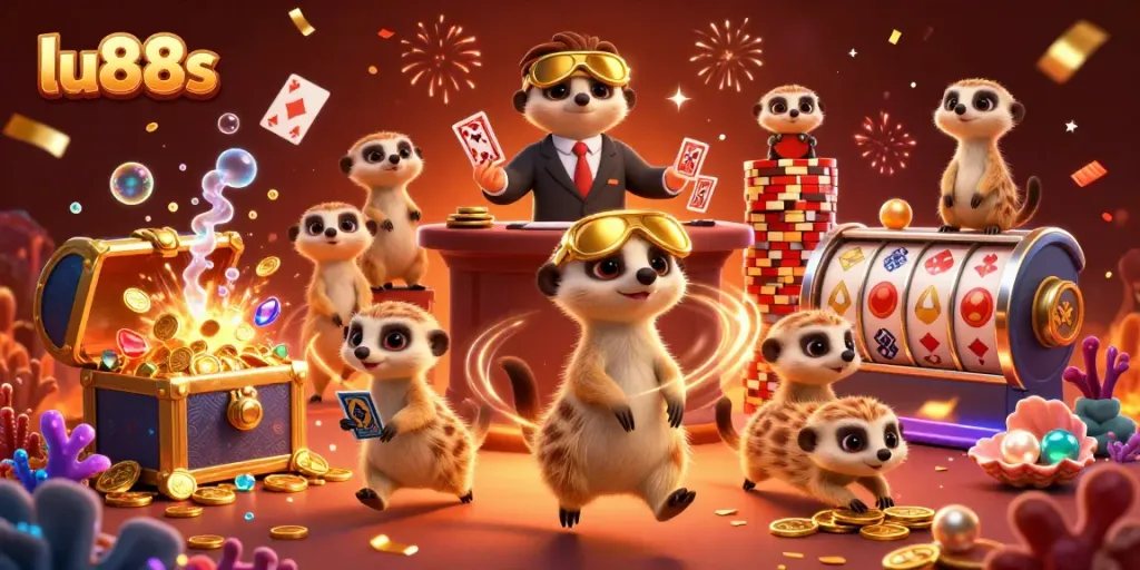 Experience thrilling wins at lu88s with dynamic meerkats celebrating in a vibrant 3D casino scene.