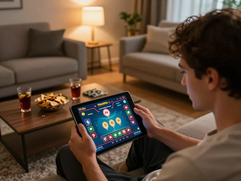 Player enjoying the 79club online gaming app in a cozy setting, emphasizing responsible entertainment.