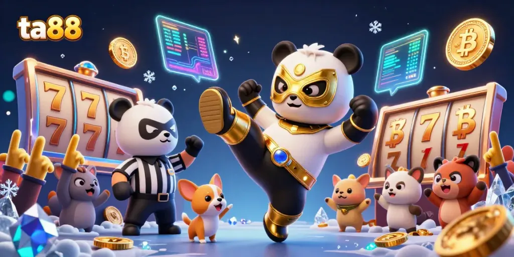 Experience thrilling action at ta88 with a panda wrestler and a referee in a vibrant casino scene.