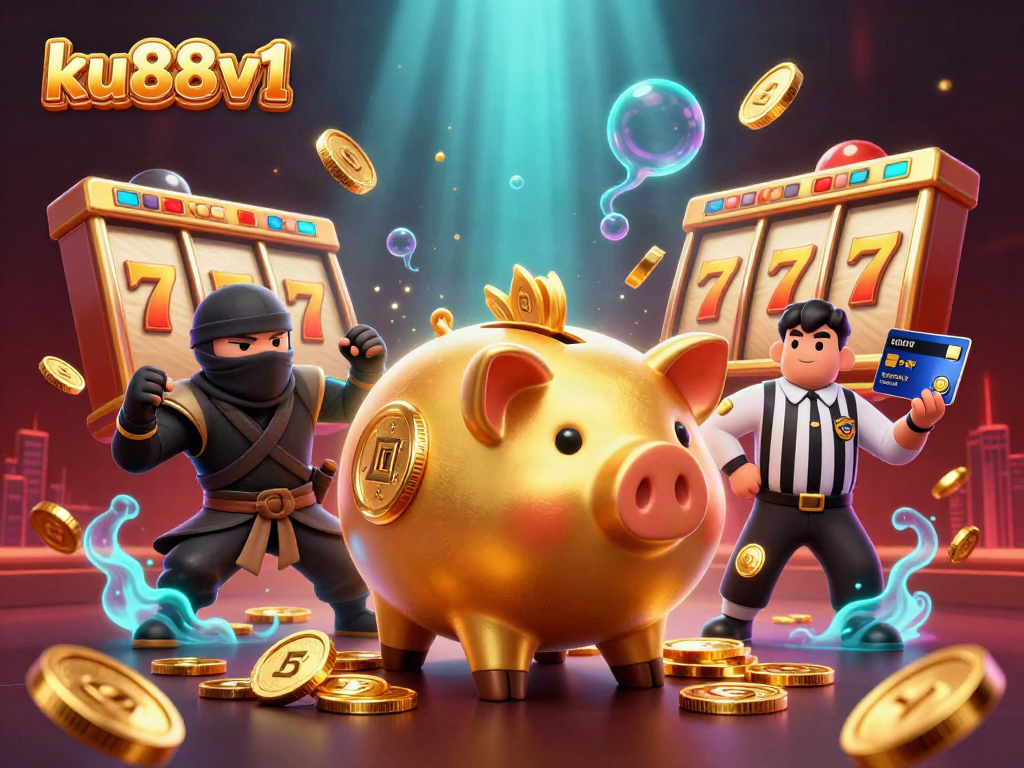Experience excitement at ku88v1 as a sumo wrestler piggy bank generates golden coins amidst a vibrant casino backdrop.