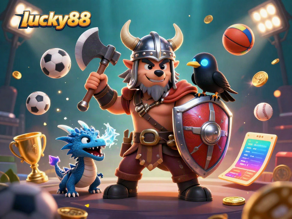 Engage in winning strategies at lucky88 with a vibrant 3D casino scene featuring a Viking warrior, dragon, and sports elements.