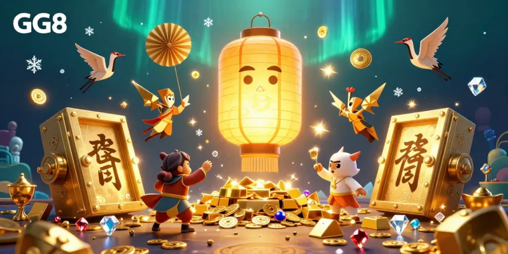 Experience the magic of GG8 with a mystical lantern spirit illuminating a rich casino scene filled with treasures.