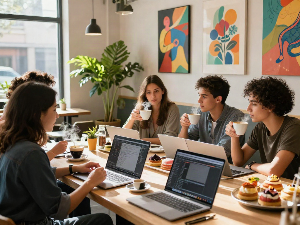 A diverse group of friends enjoying conversation and coffee at a trendy café, showcasing rokok88 culture and creativity in an inviting atmosphere.