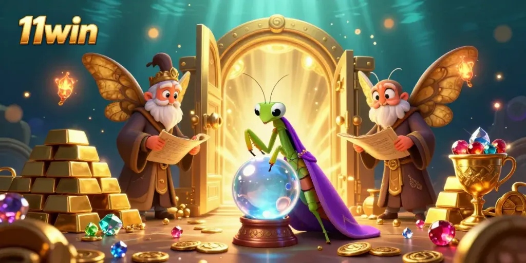 Experience the excitement of 11win with a vibrant 3D casino scene featuring mystical characters and treasures.