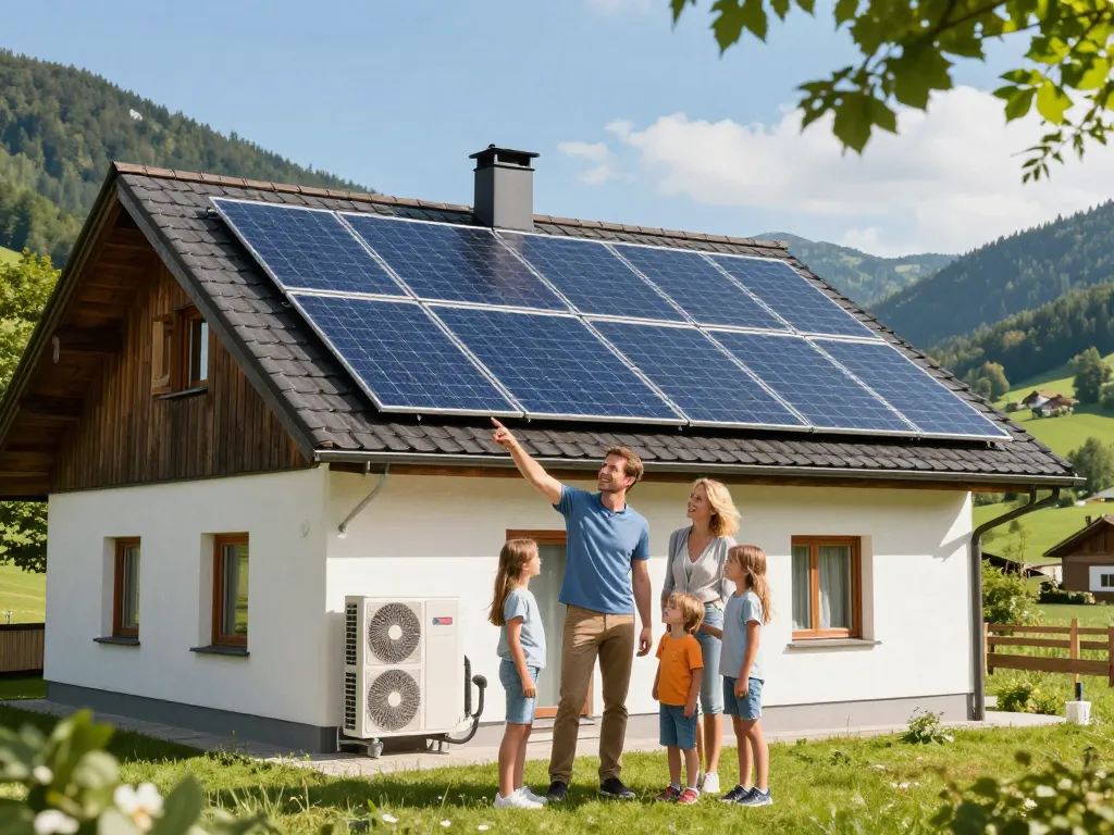 Familie genießt erneuerbare Energielösungen mit Photovoltaik Bayern in einer sonnigen bayerischen Landschaft.