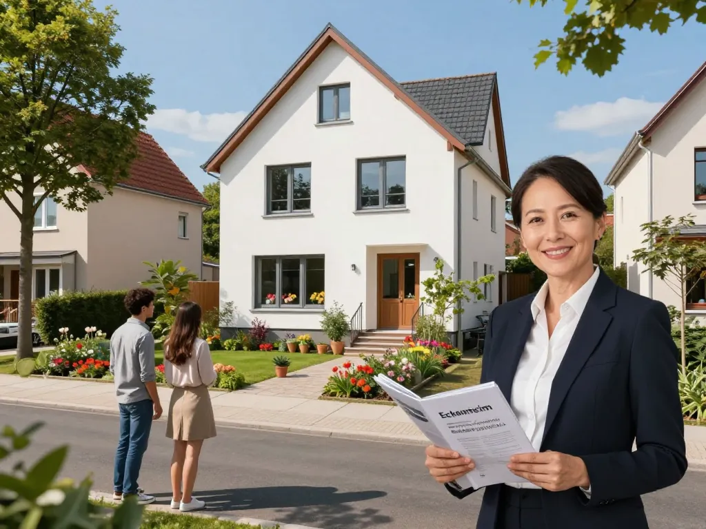 Immobilienmakler Frankfurt Eckenheim präsentiert ein schönes Familienhaus mit einem lebhaften Garten und potenziellen Käufern in der Nähe.