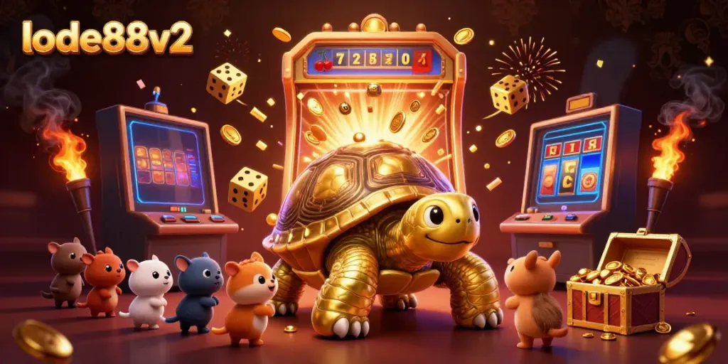 Engage with lode88v2 as a colossal golden tortoise pinball machine attracts excited players in a vibrant casino scene.