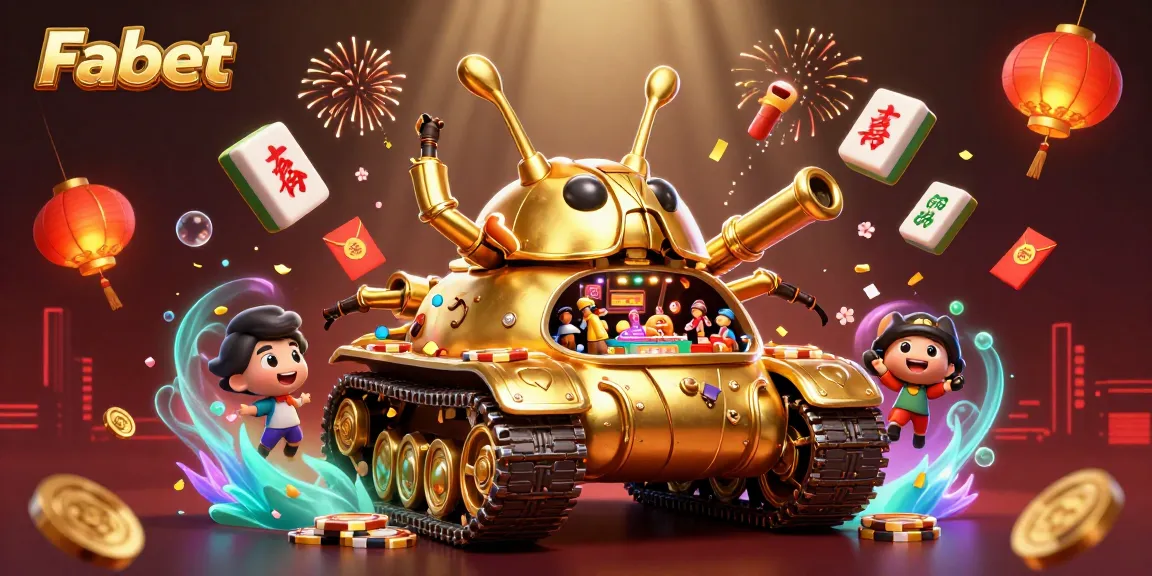 Immerse in Fabet's excitement with a golden beetle tank casino, vibrant game elements & festive confetti.