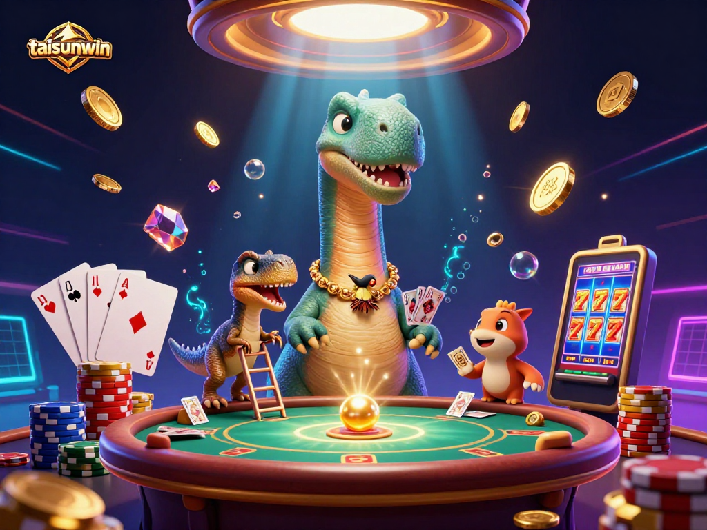 Experience thrilling wins with taisunwin as a brontosaurus and raptor engage in lively poker.