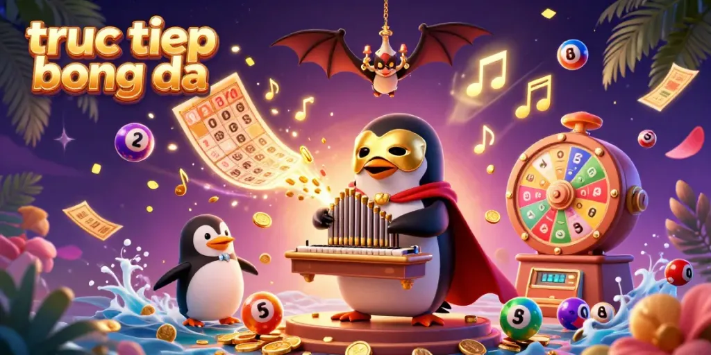 Experience truc tiep bong da with a lively scene of cartoon penguins and vibrant casino elements.