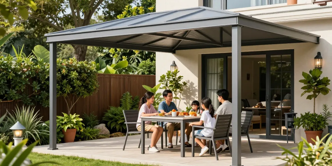 Gemütliche Terrasse mit Aluminium Terrassenüberdachungen und Familie beim Essen im Freien.