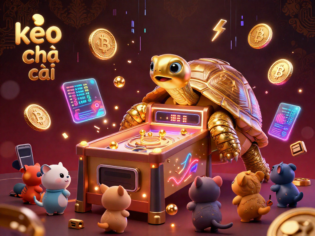 Play exciting kèo nhà cái games at a lively casino scene with animated characters and crypto elements.