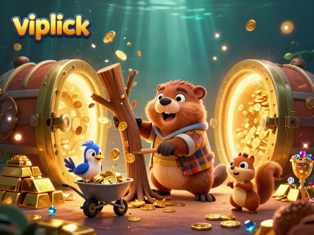 Experience winning at vipluck with animated cartoon characters collecting golden coins and treasures.