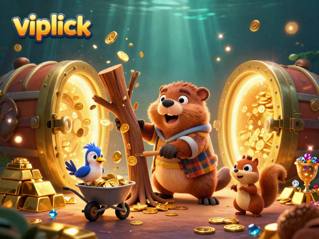 Experience winning at vipluck with animated cartoon characters collecting golden coins and treasures.