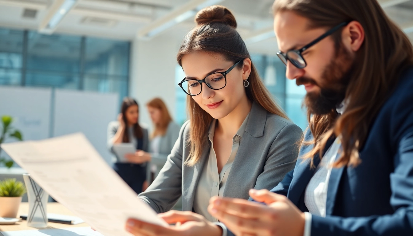 Headhunter IT analyzing resumes in a dynamic, professional office