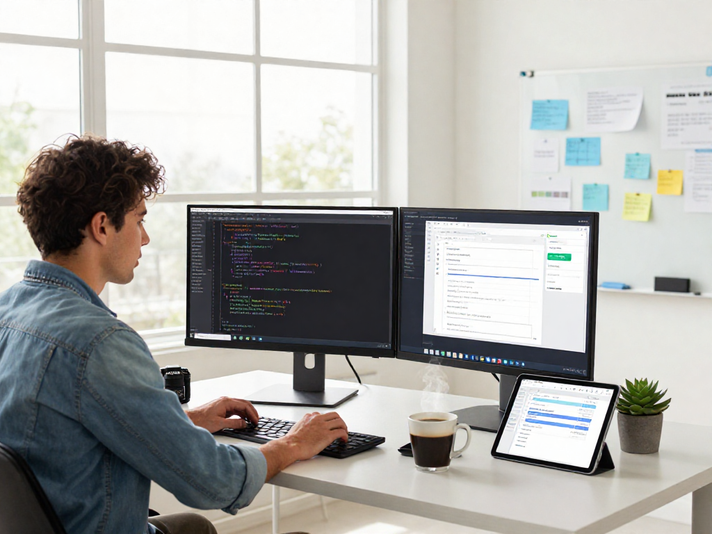 Software engineer debugging code at a modern workspace with dual monitors and project tools at http://debet-app.com.
