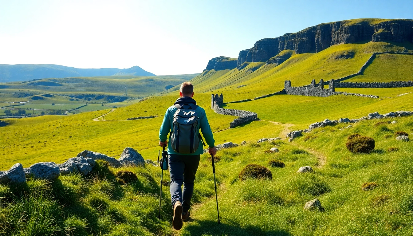 Erleben Sie Wandern Irland Urlaub, während Wanderer eine atemberaubende grüne Landschaft genießen.