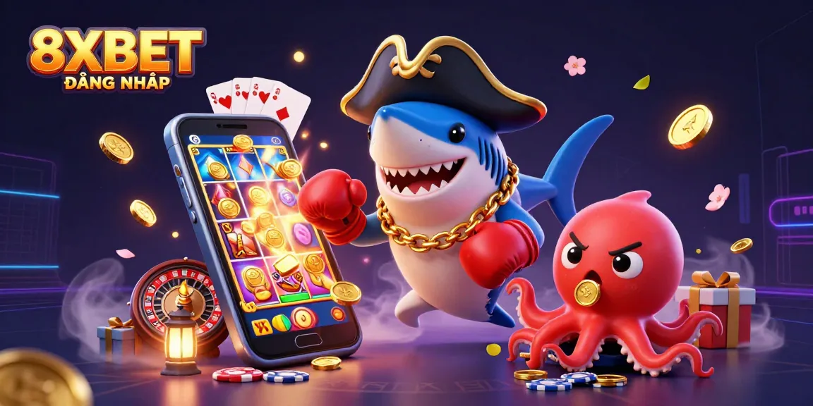 Spin your luck with 8XBET ĐĂNG NHẬP featuring playful casino characters and vibrant slot game elements.