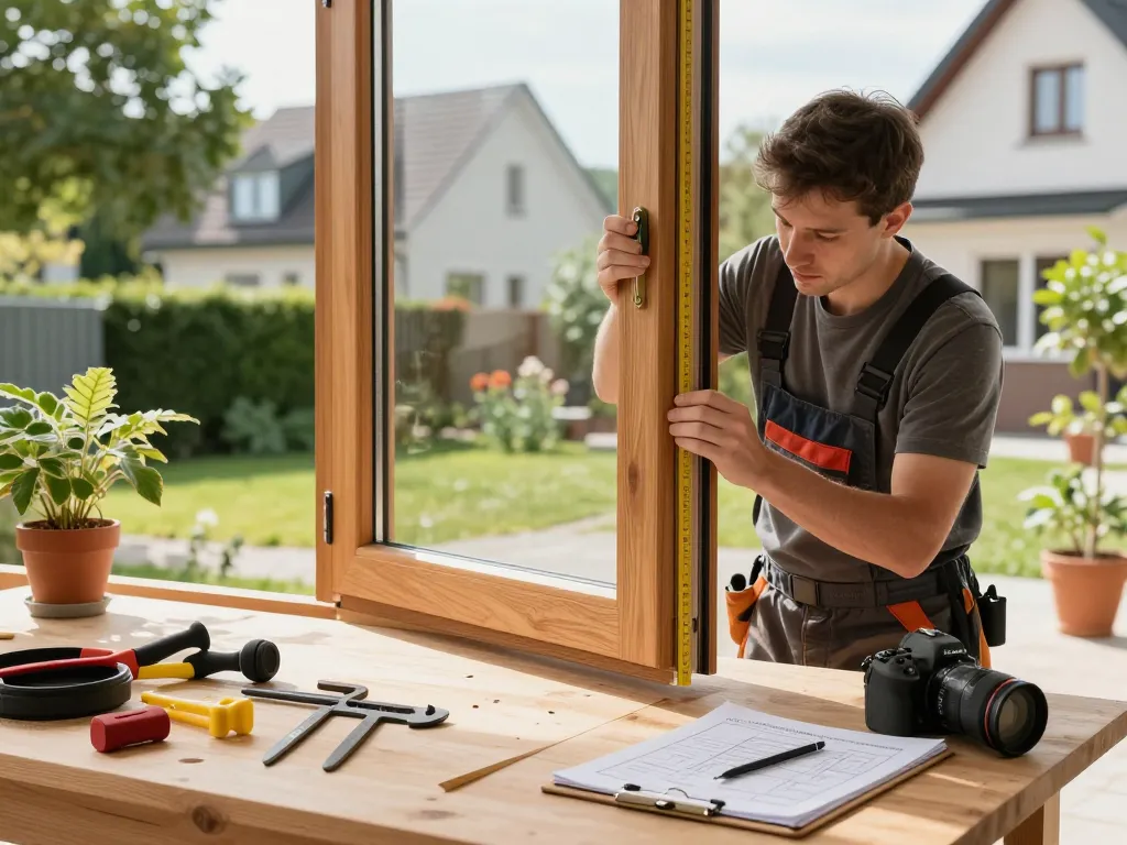 Experte für Fensterinstallation zeigt das Handwerk des Fensterbaus Bonn in einem sonnigen Wohnumfeld