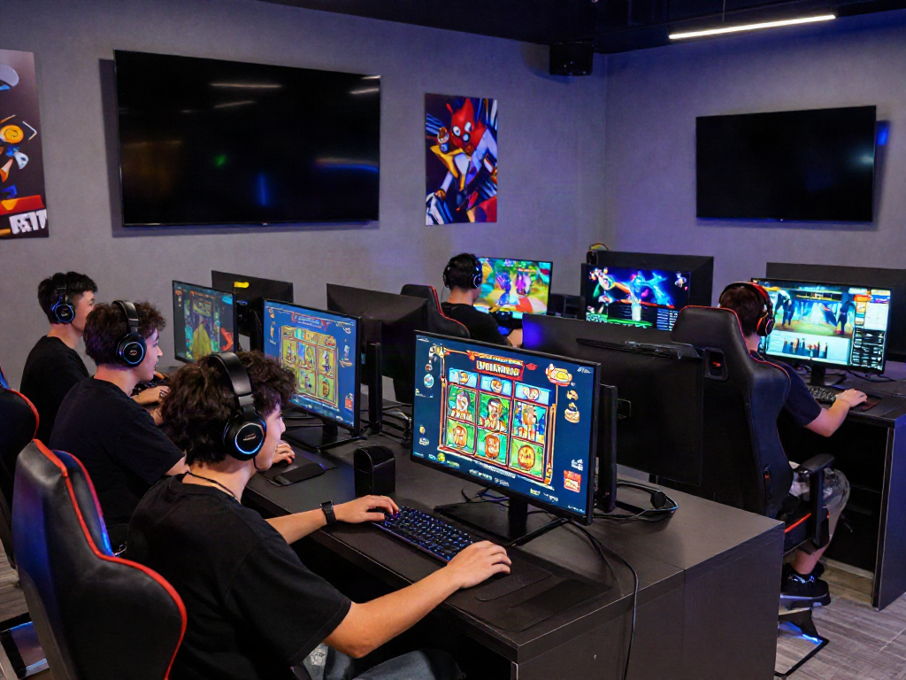 Exciting gaming atmosphere at https://choinohu.vip/ with young adults playing vibrant games in a modern lounge.