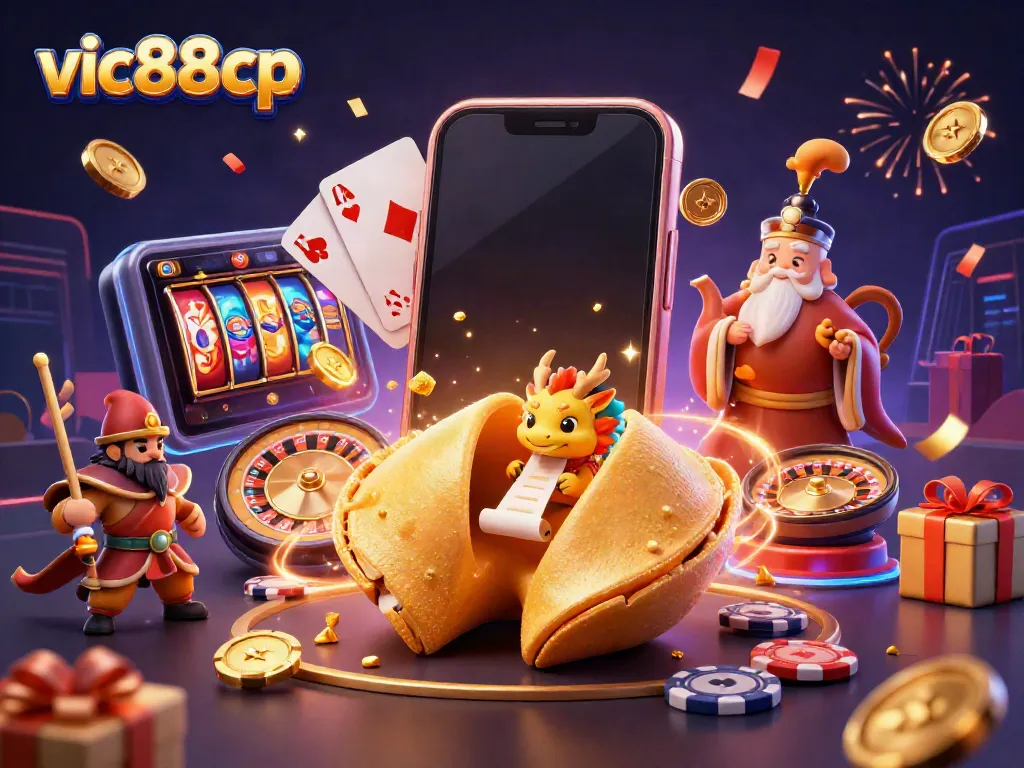 Experience the thrill of gambling with vic88cp, depicted in an exciting 3D illustration featuring fortune cookie characters and dynamic game elements.