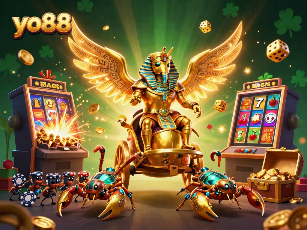 Experience thrilling jackpots at yo88 with an ultra-detailed 3D casino-themed illustration filled with vibrant characters and game elements.
