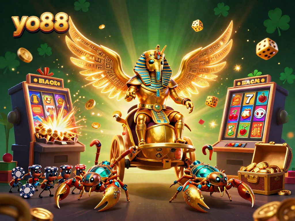Experience thrilling jackpots at yo88 with an ultra-detailed 3D casino-themed illustration filled with vibrant characters and game elements.
