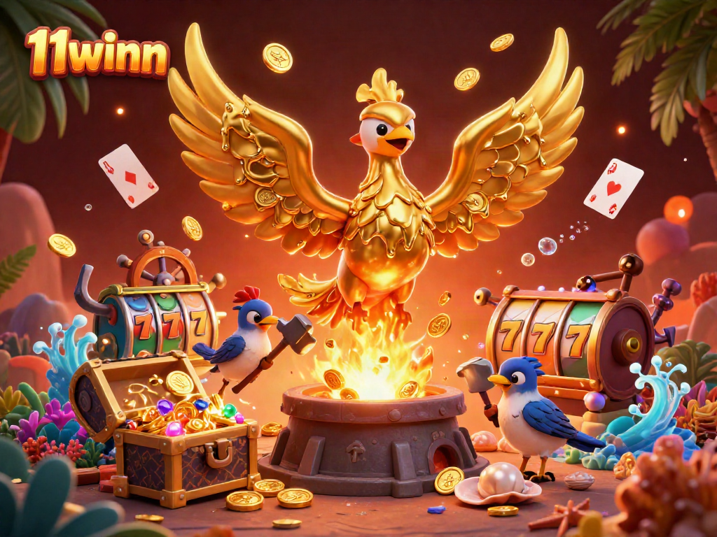 Join the thrill at 11winn with dynamic casino games featuring a golden phoenix and vibrant slot symbols.