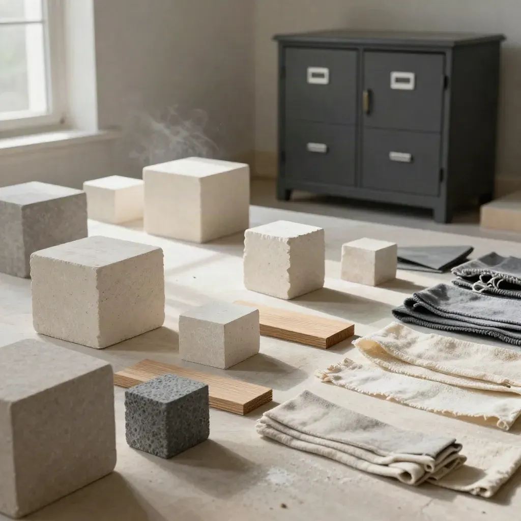 Materialmuster für ein Restaurierungskonzept mit Stein, Mörtel, Holz, Stoff und Archivkorpus