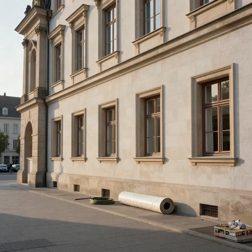 Gereinigte Rathausfassade in Mainz in warmer Sommerluft, diagonal im Bild, leerer Vorplatz.