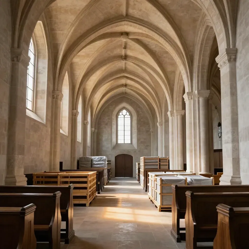 Leeres Kirchenschiff in Trier mit restaurierten Steinrippen und geordneten Kisten im warmen Licht.