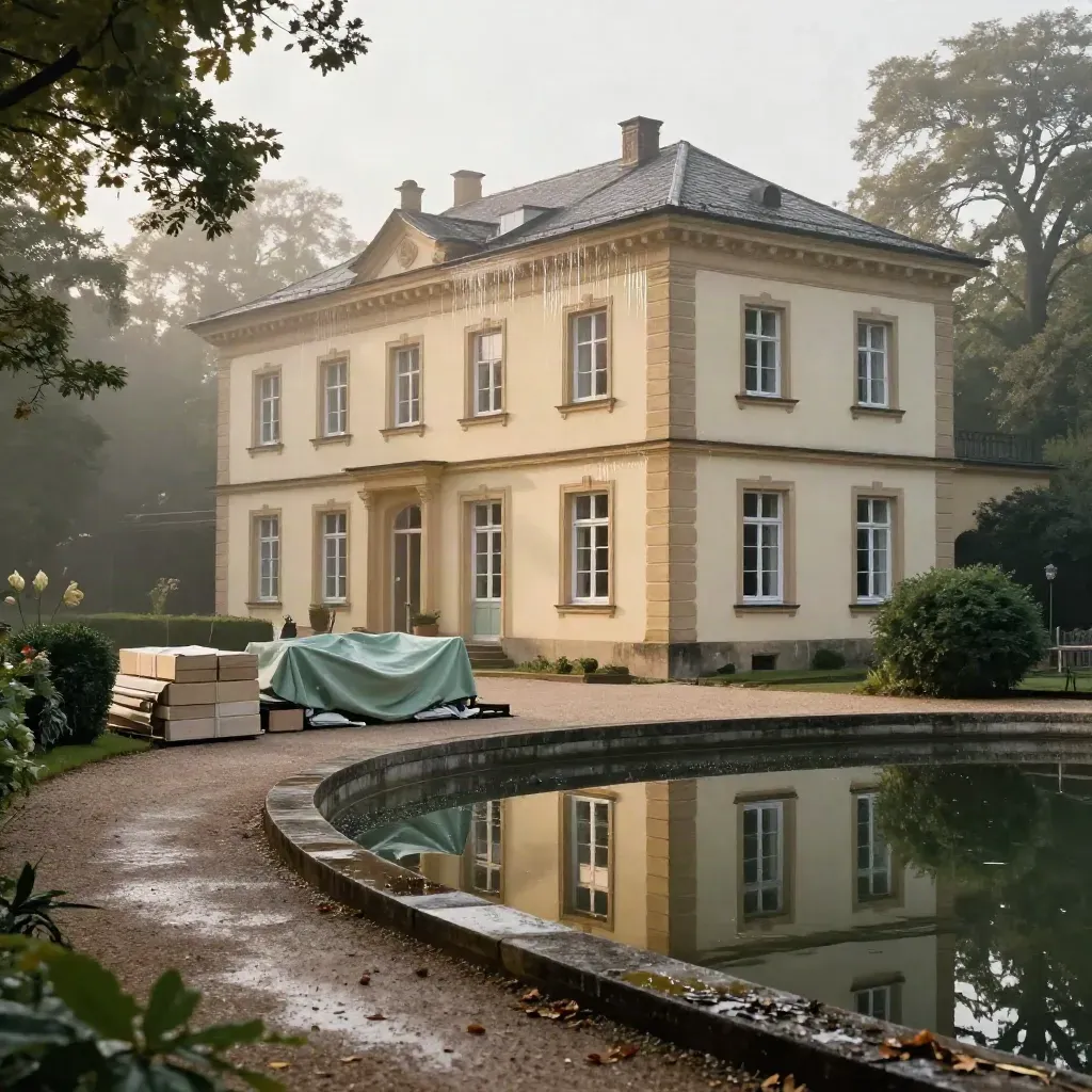 Restaurierte Villa am Park in Potsdam mit gereinigter Fassade, Materialstapeln und Wasserreflexen.