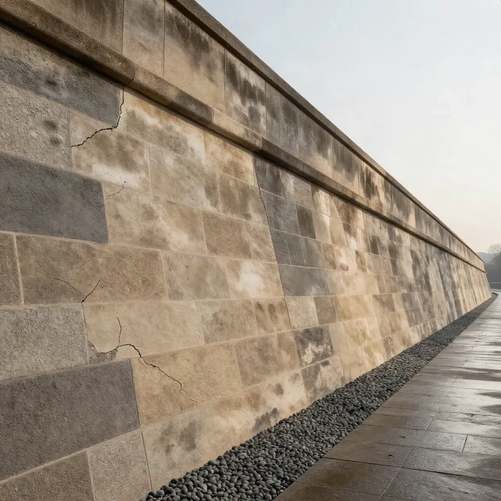 Sanierte Stützmauer aus Sandstein mit Rissen, Schotterbett und geordneten Randsteinen.