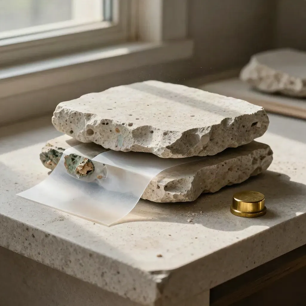 Sandsteinfragmente, Patina-Proben, Hüllen und Messingstempel auf Travertin.
