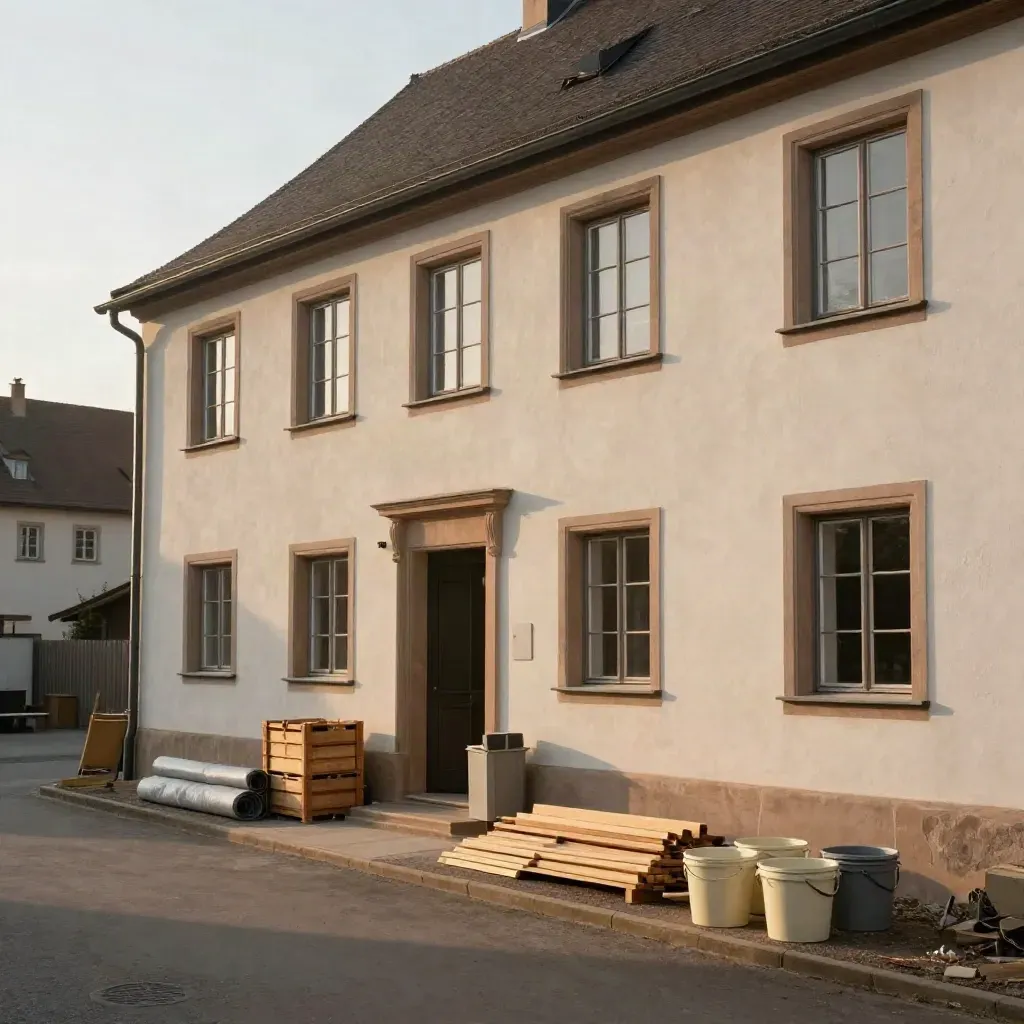 Pfarrhaus in Speyer mit reparierter Fassade, geordneter Baustelle und ruhigem Eingang.
