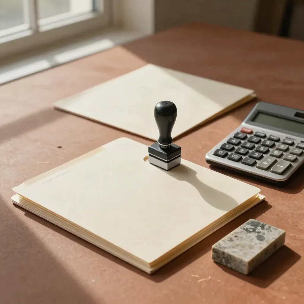 Fördermittel-Mappe, Stempel, Taschenrechner und Steinprobe auf ruhigem Arbeitstisch