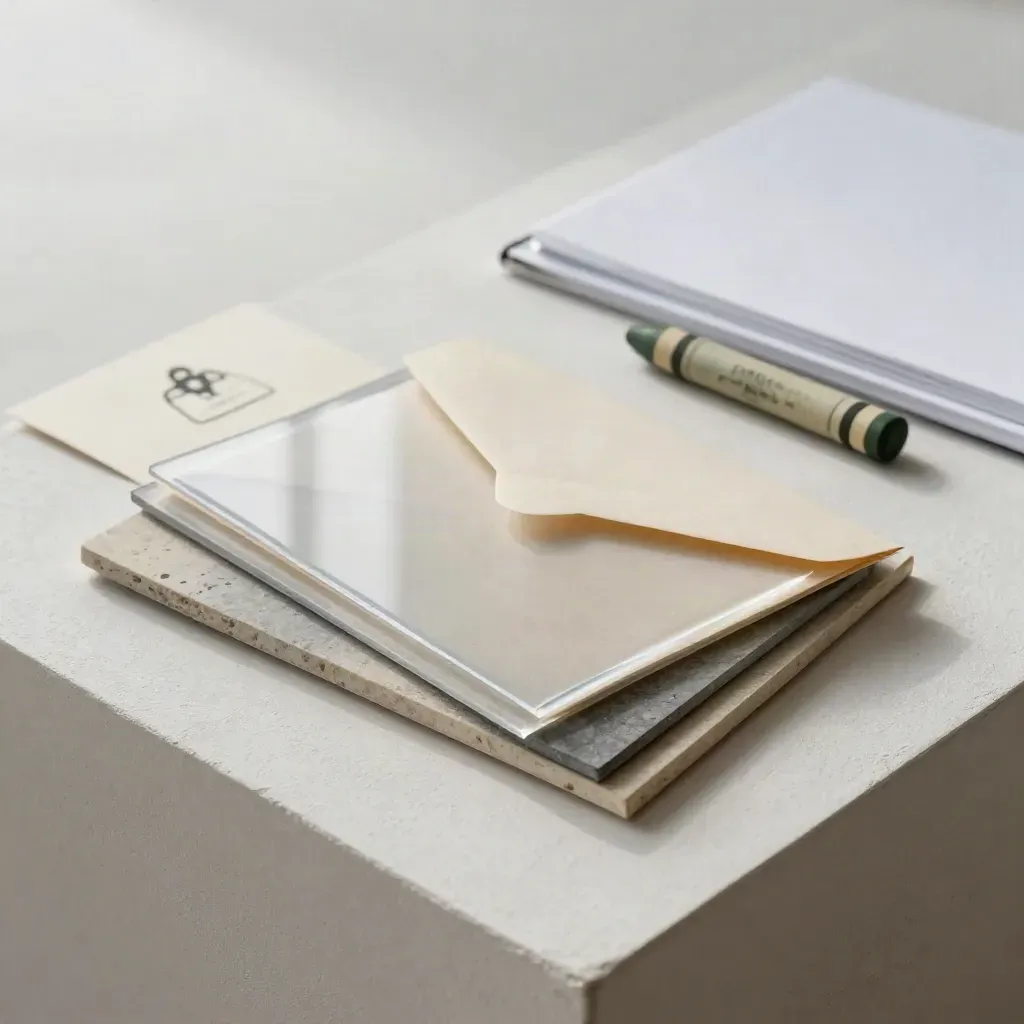 Transparente Acetatfolie, Steinproben, Umschlag und Wachsstift auf hellem Putz.