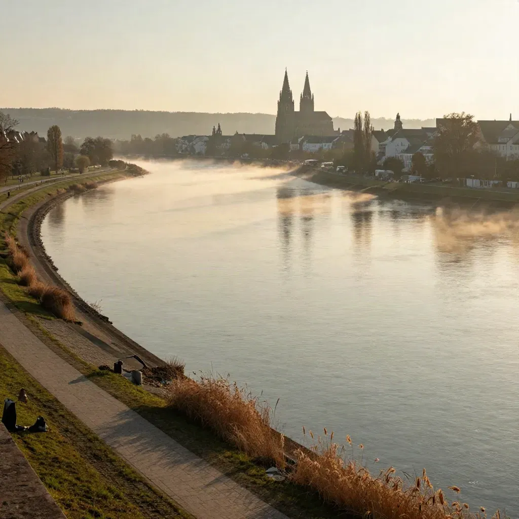 Rheinbogen bei Mainz im Morgennebel, Domsilhouetten hoch im Bild, ruhiges Flussbett darunter