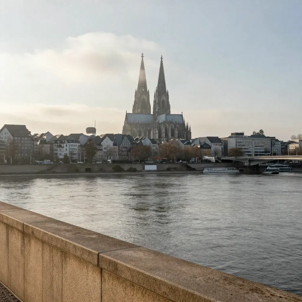 Kölner Dom über ruhigem Rhein im Morgennebel, von erhöhtem Blickpunkt.