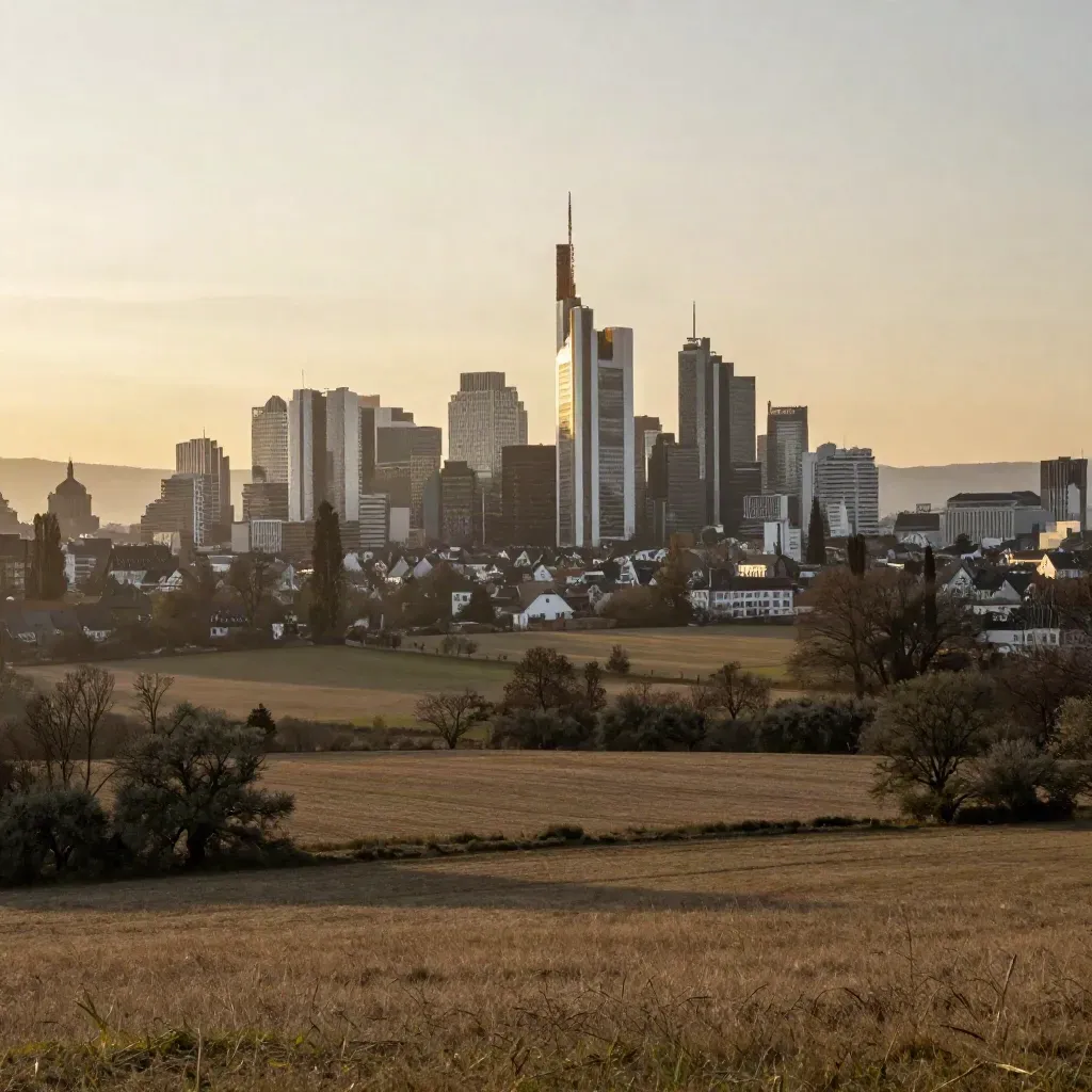 Frankfurts Skyline über der Taunus-Kante im goldenen Dunst mit weiten Feldern
