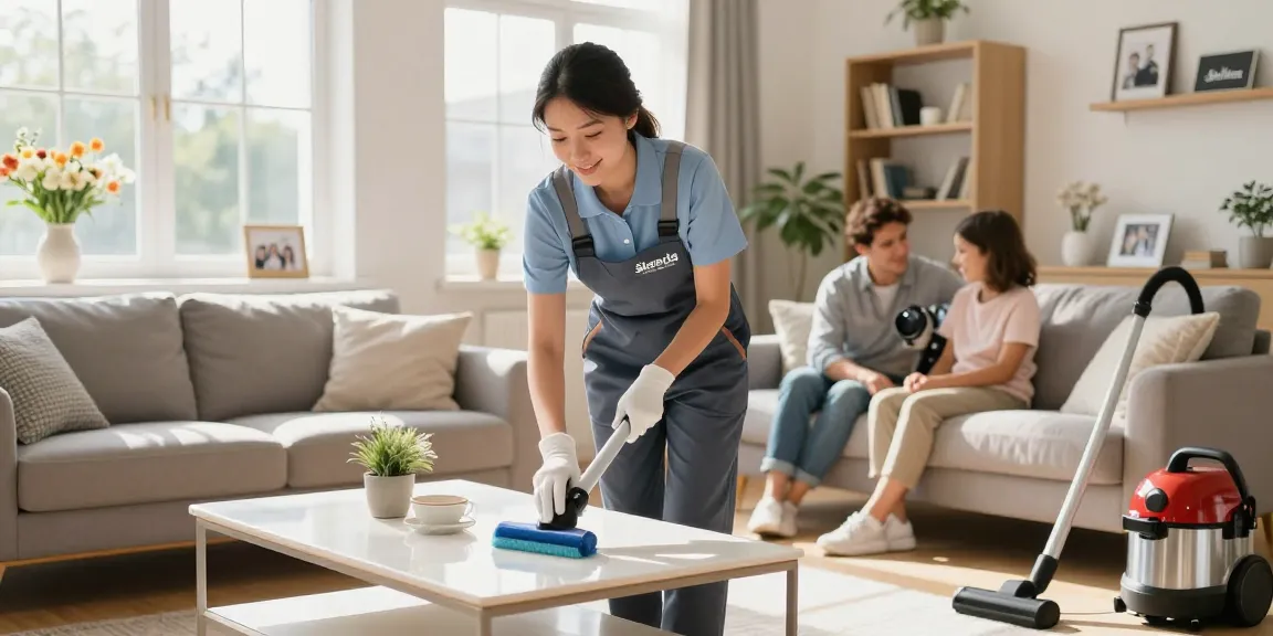 A professional cleaner from reinigungsfirma bern dusting a sparkling living room, showcasing a clean and inviting home environment.