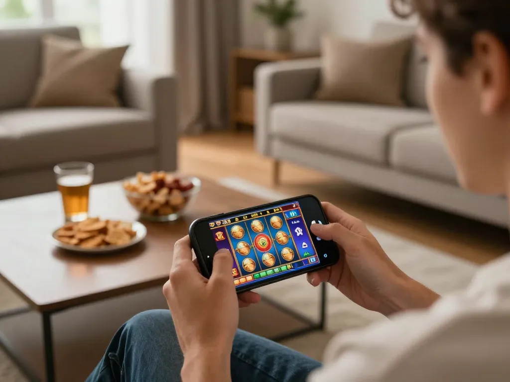 Player engaging in mobile gaming at https://dn88s.net/ within a cozy living room setting, surrounded by snacks and drinks.