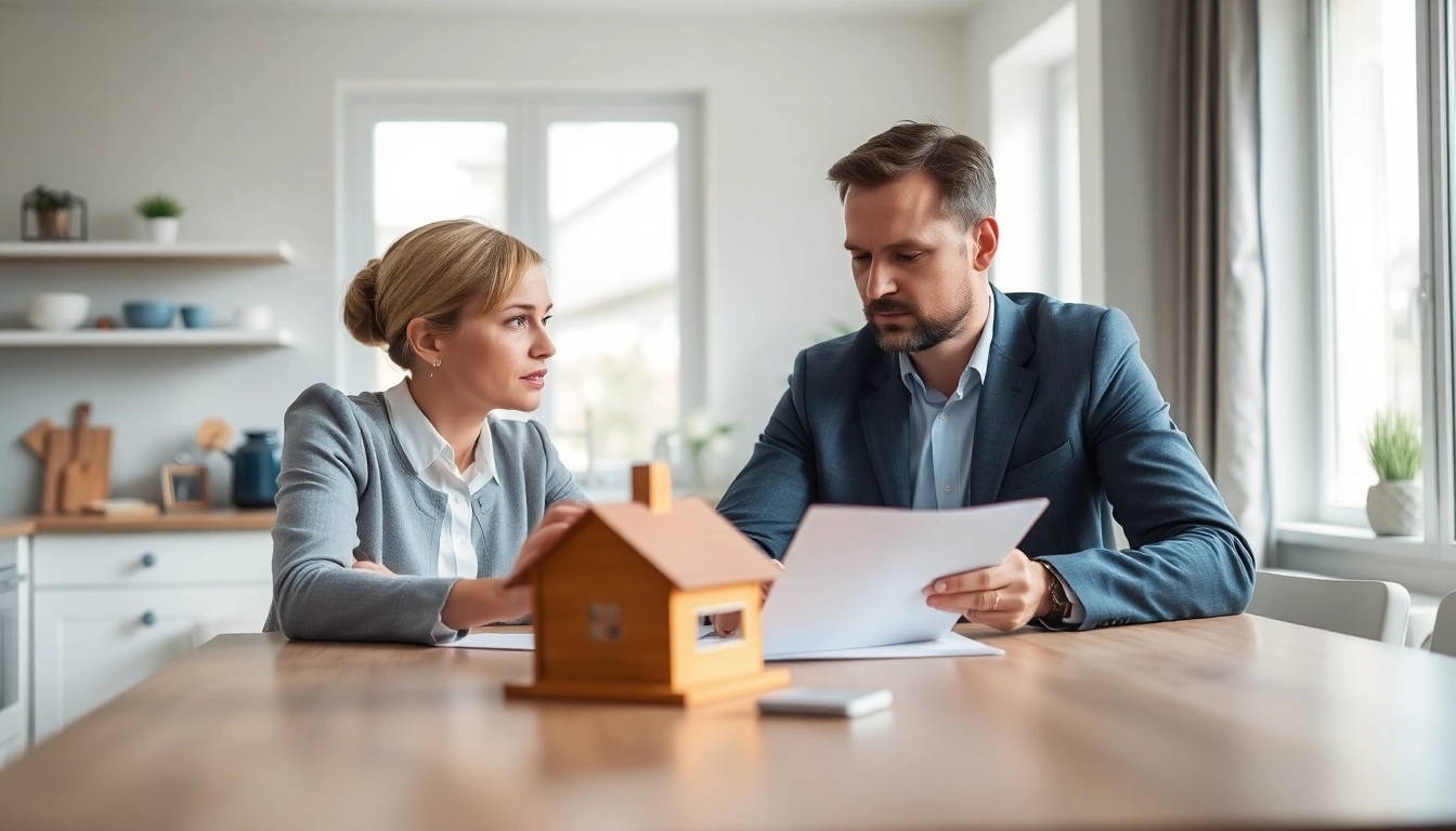 Hausverkauf bei Scheidung: Professional couple discussing their home sale with serious expressions.