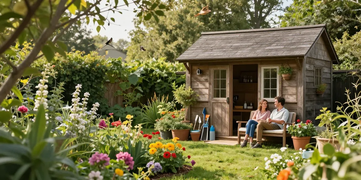 Gemütliches Gartenhaus umgeben von blühenden Pflanzen und einer entspannten Atmosphäre im Garten.