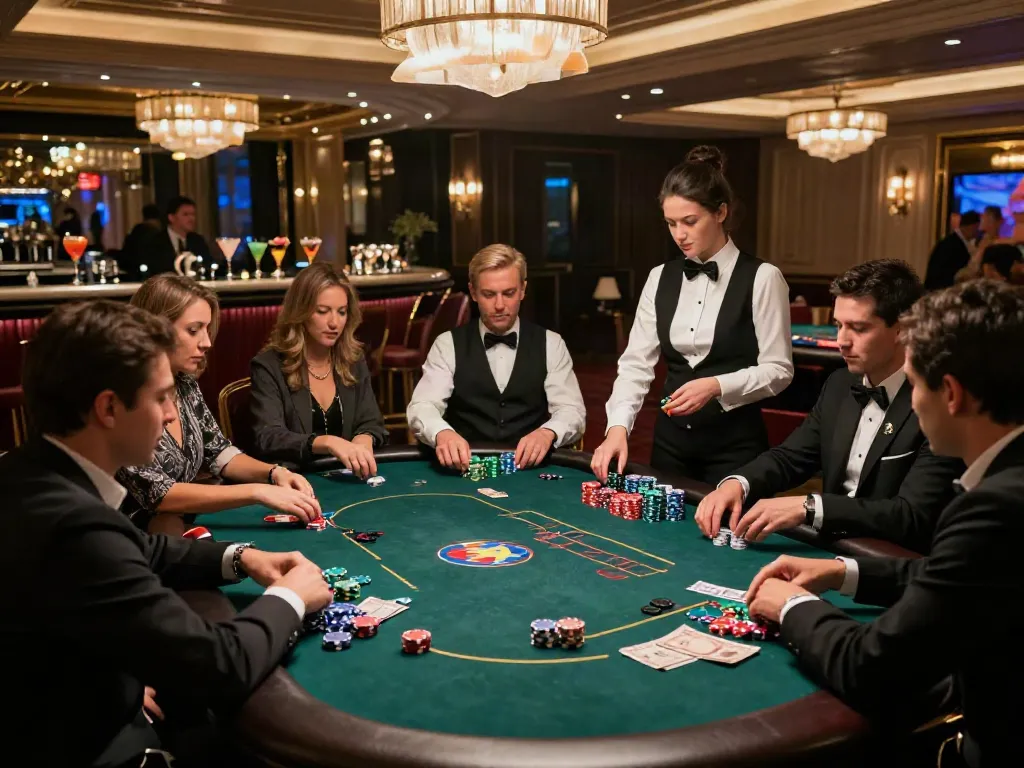 Exciting poker game scene at UK88 casino, showcasing players, chips, and luxurious ambiance.