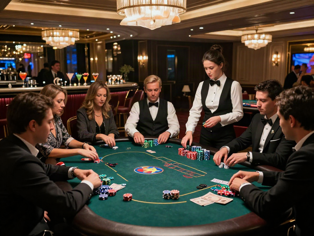 Exciting poker game scene at UK88 casino, showcasing players, chips, and luxurious ambiance.