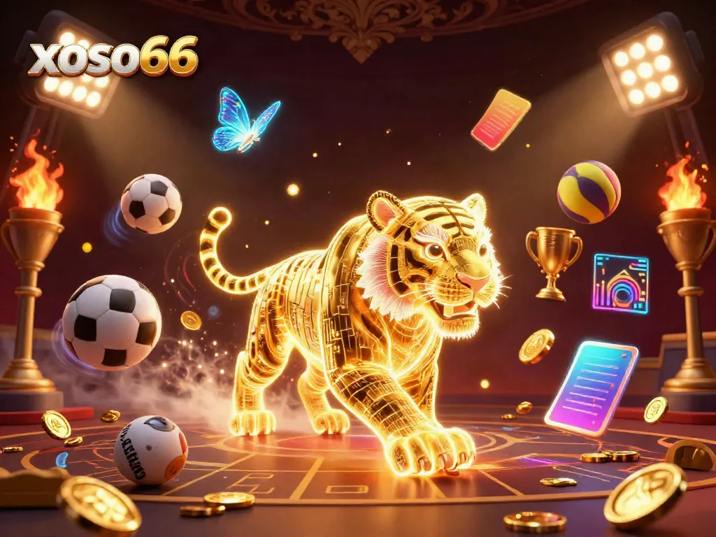 Engage with xoso66 in a vibrant digital casino scene featuring a neon tiger and sports elements.